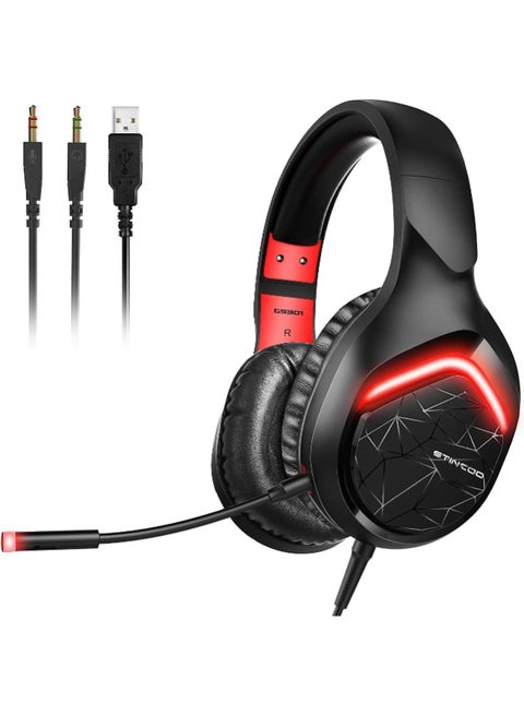 GS301 Gaming Headset for Xbox one PS5, Somic Over Head Headphone with LED light Noise Cancelling Mic, for Switch, PC, PS4, 3.5mm Plug Red
