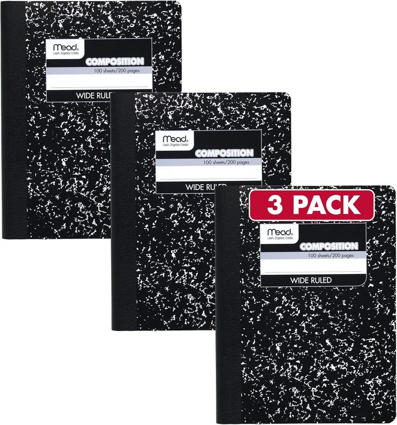 Mead Composition Notebooks, 3 Pack, Wide Ruled Paper, 9-3/4" x 7-1/2", 100 Sheets per Comp Book, Black Marble (38301) - Image 1