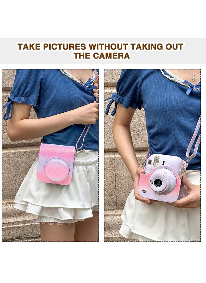 O Ozone - Protective Camera Case for Fujifilm Instax Mini 12 Instant Camera PU Leather Glitter Gradient Style Camera Bag with Shoulder Strap- Rainbow - Image 1