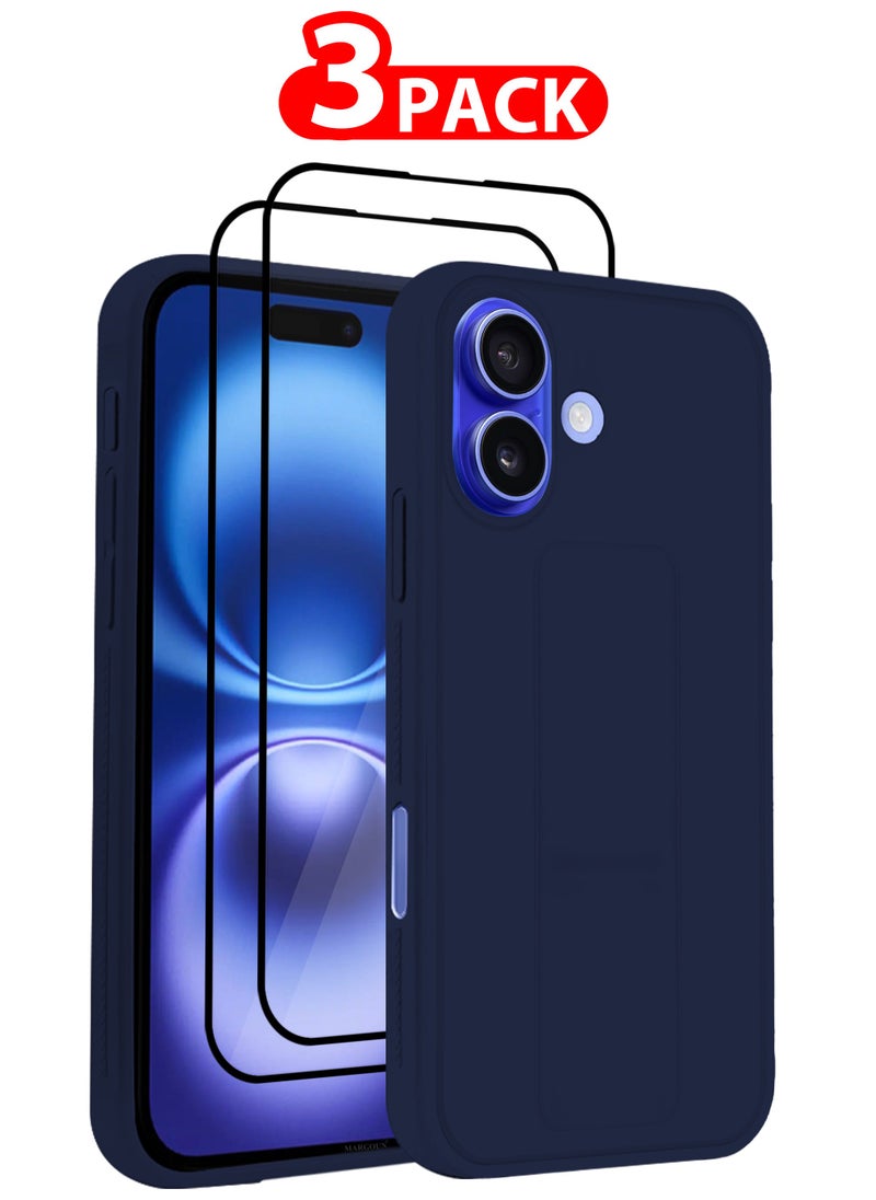 CATANES - (for Apple iPhone 16) 3Packs (1Case, 2Screen Protectors), Case Premium PU Leather Back Cover with Stand Function Shockproof and Anti Scratch Finger Grip Case Cover / Dark Blue - Image 1