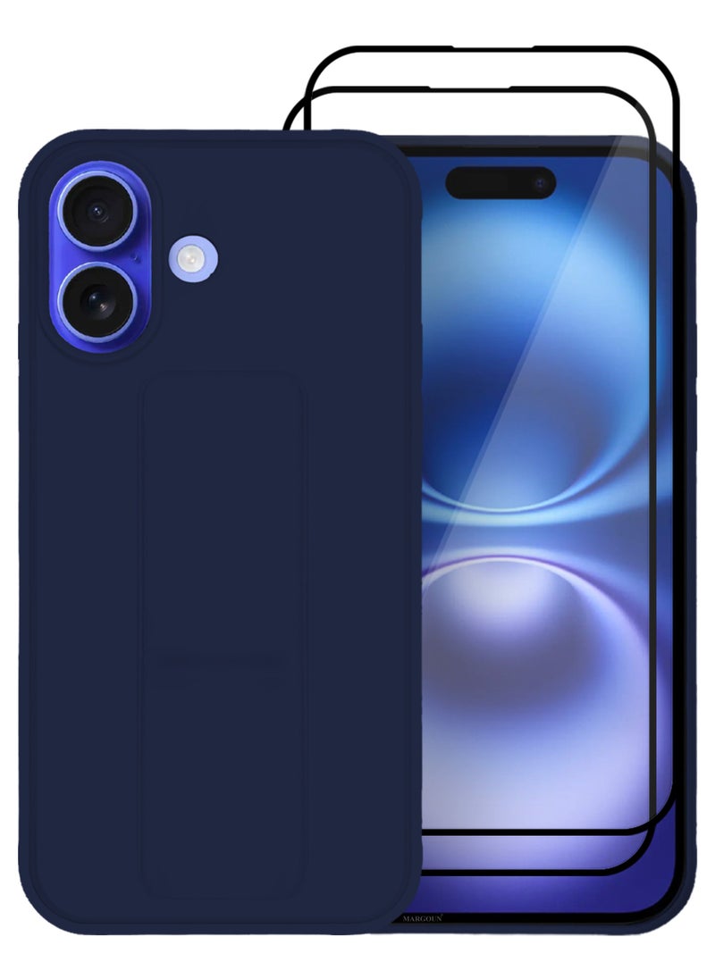 CATANES - (for Apple iPhone 16) 3Packs (1Case, 2Screen Protectors), Case Premium PU Leather Back Cover with Stand Function Shockproof and Anti Scratch Finger Grip Case Cover / Dark Blue - Image 1