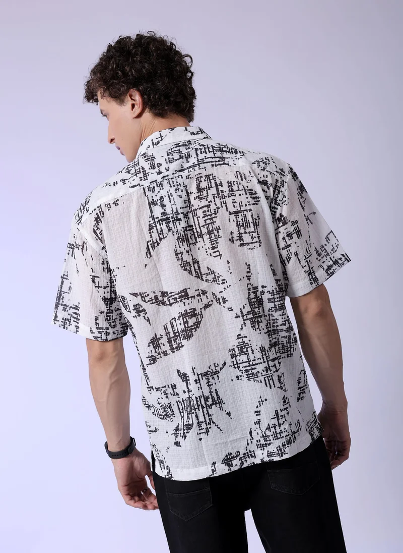 The Indian Garage Co Men Relaxed Fit Abstract Printed Half Sleeves Cuban Collar Resort Wear Shirt