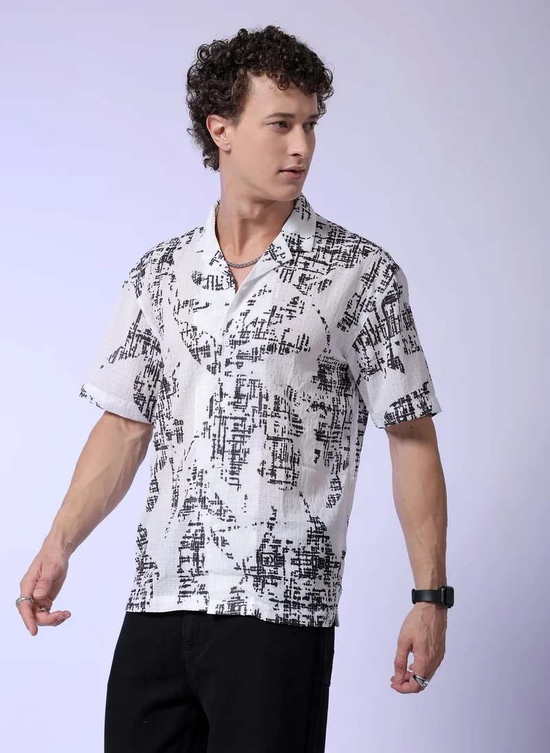 The Indian Garage Co Men Relaxed Fit Abstract Printed Half Sleeves Cuban Collar Resort Wear Shirt