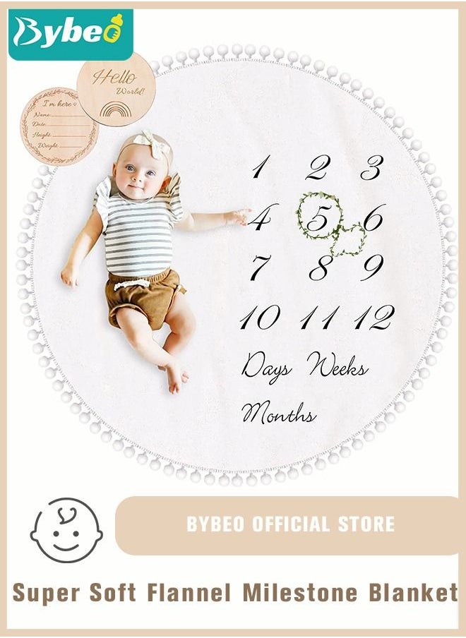 Bybeo - Baby Milestone Monthly Blanket Mat with Double-Sided Milestones Cards and Circle Garland Thick Flannel Round Rug for Boy Girl, Baby Photography Props - Image 1