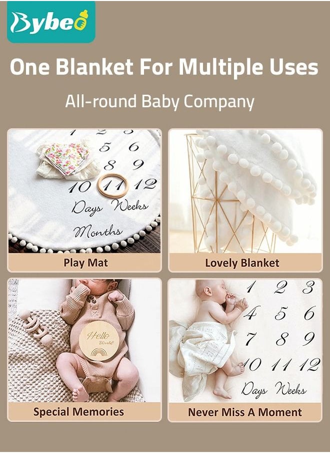 Bybeo - Baby Milestone Monthly Blanket Mat with Double-Sided Milestones Cards and Circle Garland Thick Flannel Round Rug for Boy Girl, Baby Photography Props - Image 1