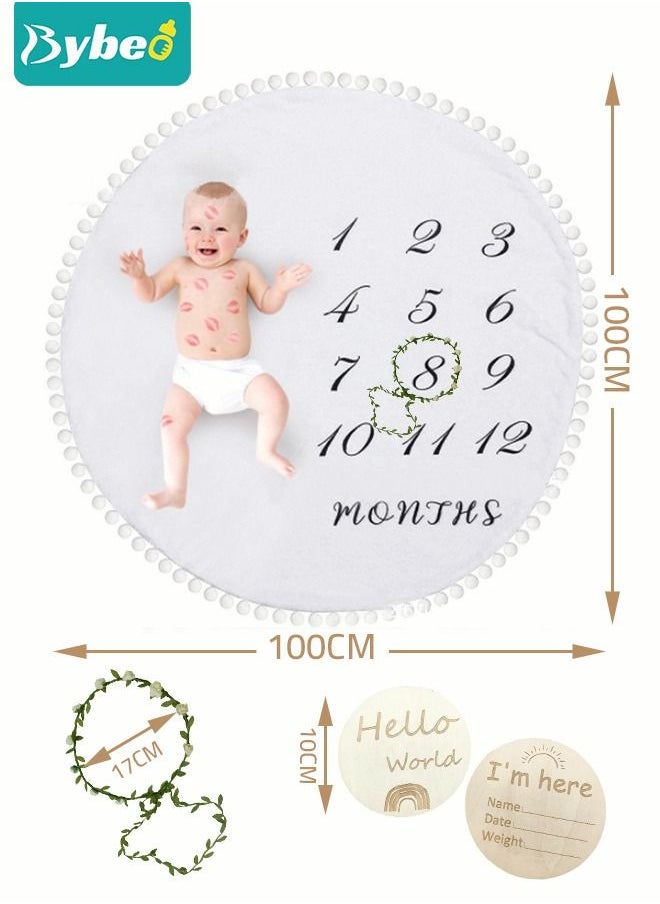 Bybeo - Baby Milestone Monthly Blanket Mat with Double-Sided Milestones Cards and Circle Garland Thick Flannel Round Rug for Boy Girl, Baby Photography Props - Image 1