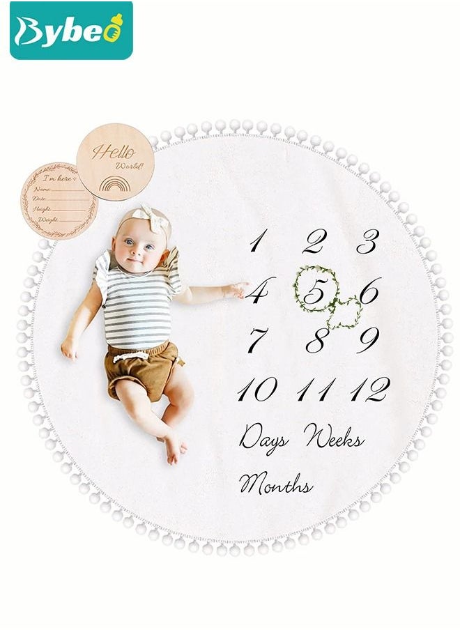 Bybeo - Baby Milestone Monthly Blanket Mat with Double-Sided Milestones Cards and Circle Garland Thick Flannel Round Rug for Boy Girl, Baby Photography Props - Image 1