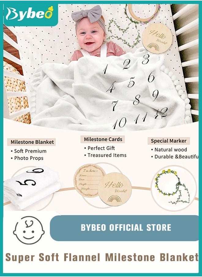 Bybeo - Baby Milestone Monthly Blanket Mat with Double-Sided Milestones Cards and Circle Garland Thick Flannel Round Rug for Boy Girl, Baby Photography Props - Image 1