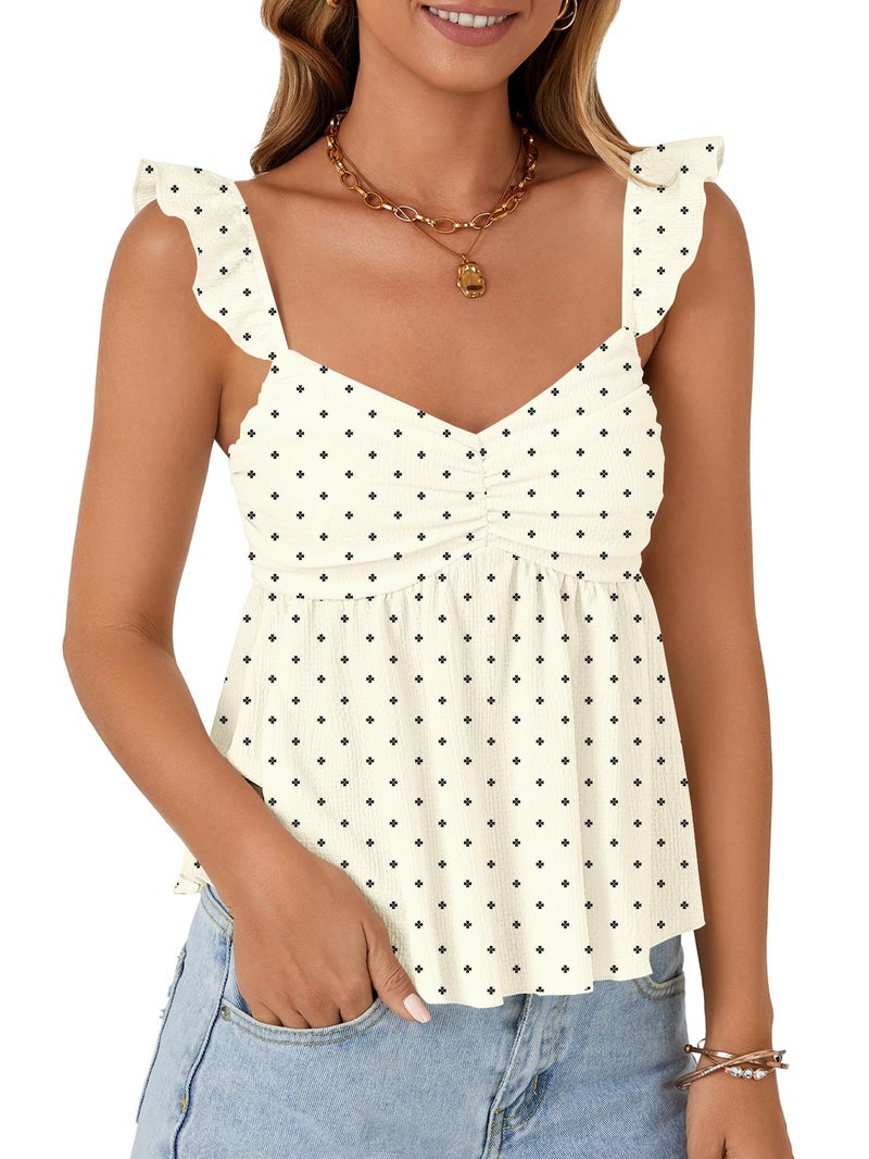 LYANER Women's Floral Peplum Tops Summer Tank Camisole Tops Dressy Casual Ruffle Strap Sleeveless Babydoll Tank Top Floral Light Beige Medium - Image 4
