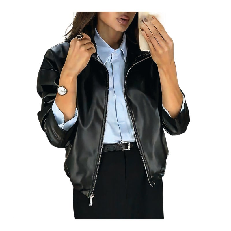 Women's PU Leather Jacket Long Sleeve Spring Coat - Image 1