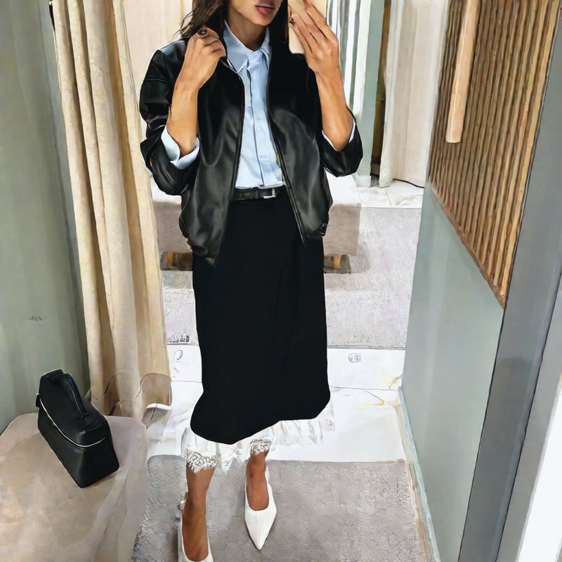 Women's PU Leather Jacket Long Sleeve Spring Coat - Image 3