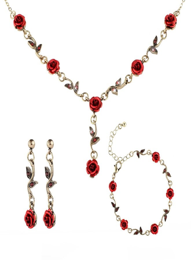 Yolev 3 Pcs Red Rose Jewelry Set, Rose Flower Pendant Necklace, Dangle Earrings, Bracelet, Alloy Red Jewelry Sets for Women Wedding Party Gift - Image 1