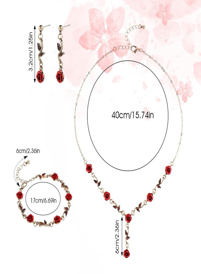 Yolev 3 Pcs Red Rose Jewelry Set, Rose Flower Pendant Necklace, Dangle Earrings, Bracelet, Alloy Red Jewelry Sets for Women Wedding Party Gift - Image 2