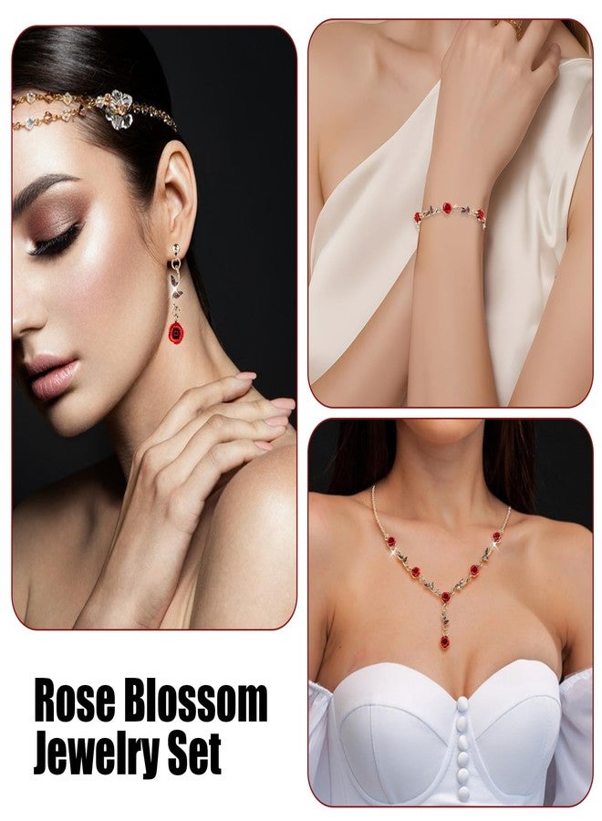 Yolev 3 Pcs Red Rose Jewelry Set, Rose Flower Pendant Necklace, Dangle Earrings, Bracelet, Alloy Red Jewelry Sets for Women Wedding Party Gift - Image 5