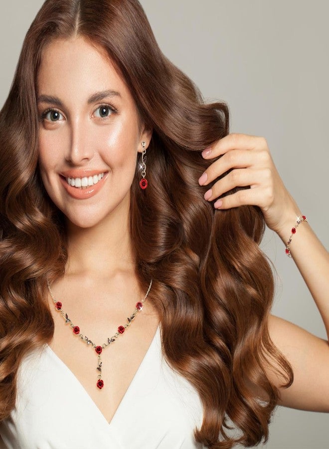 Yolev 3 Pcs Red Rose Jewelry Set, Rose Flower Pendant Necklace, Dangle Earrings, Bracelet, Alloy Red Jewelry Sets for Women Wedding Party Gift - Image 3