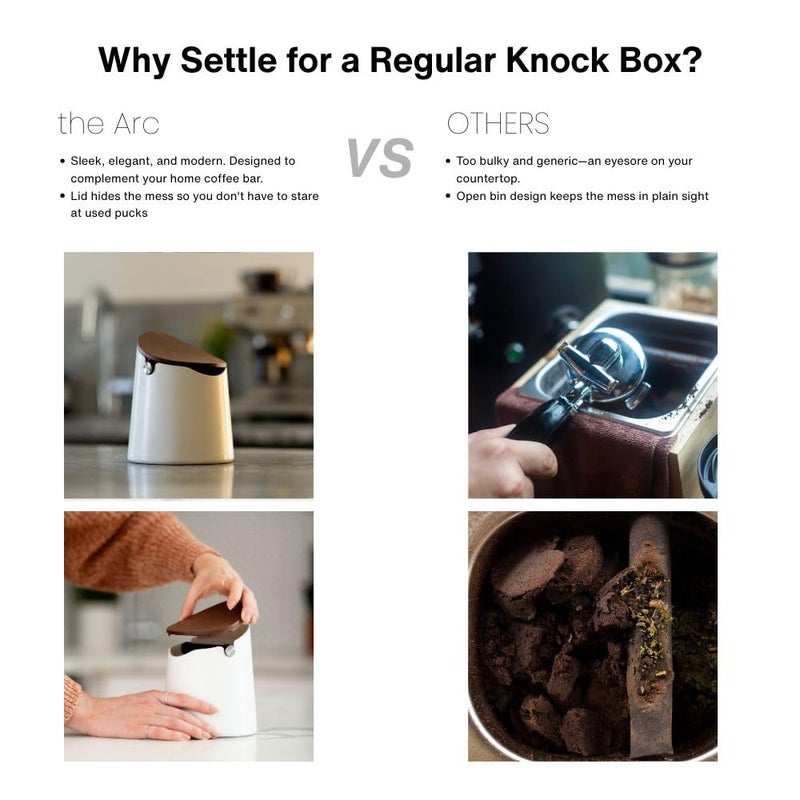 CREMA Coffee Products Arc Knock Box | Holds 12â€“16 Espresso Pucks | Durable Stain Resistant Build with Non Slip Base | Easy Clean Up Moisture Control | White Base & Walnut Plastic Lid - Image 5