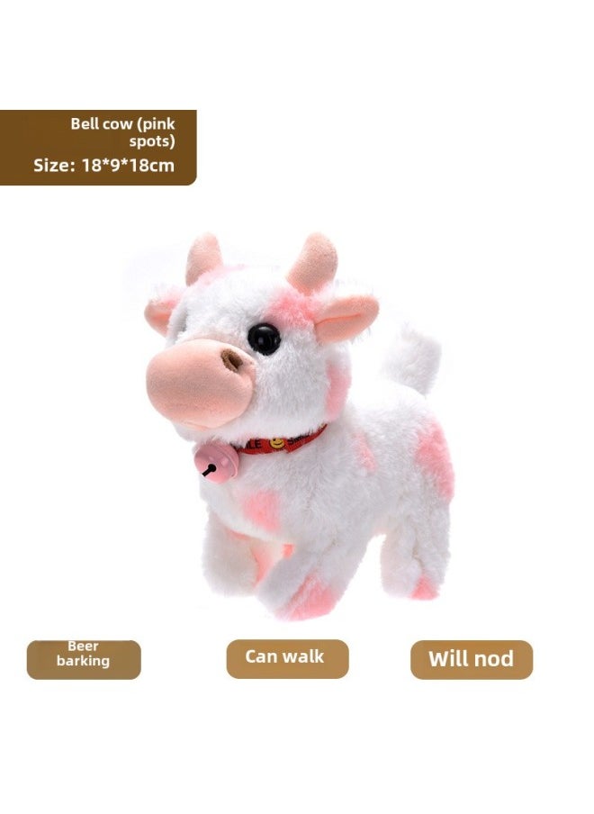 The Simulation Of Electric Plush Cows Will Walk Moo Call Sound Tail Electronic Pet Children's Toys-Colour:Bell Cow (powder)  - Image 1