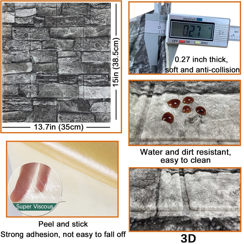 YLL YLL 10PCS 3D Wall Panels Peel and Stick 3D Brick Wallpaper Peel and Stick Faux Stone Wall Panel Foam Brick Self-Adhesive Wallpaper (Black,10pcs) - Image 5