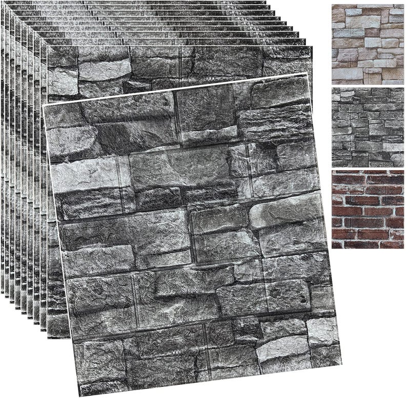 YLL YLL 10PCS 3D Wall Panels Peel and Stick 3D Brick Wallpaper Peel and Stick Faux Stone Wall Panel Foam Brick Self-Adhesive Wallpaper (Black,10pcs) - Image 1