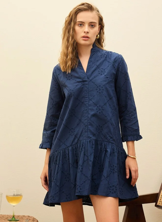 ساسافراس Navy Blue Embroidered A-Line Dress for Women