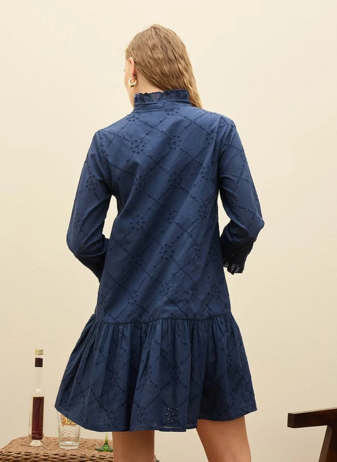 SASSAFRAS Navy Blue Embroidered A-Line Dress for Women