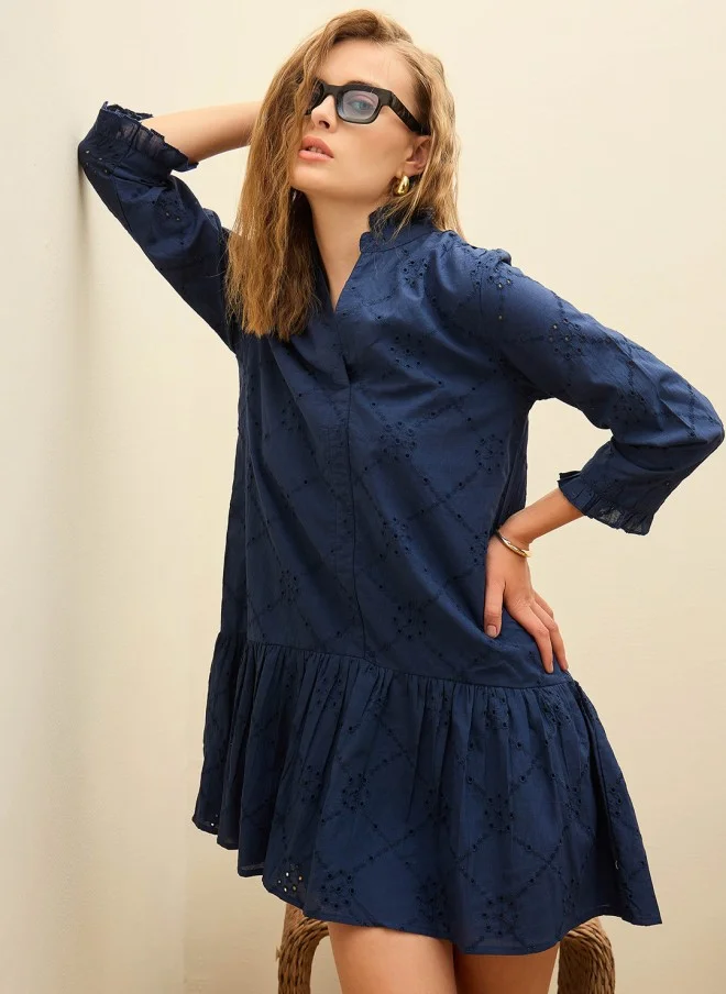 ساسافراس Navy Blue Embroidered A-Line Dress for Women