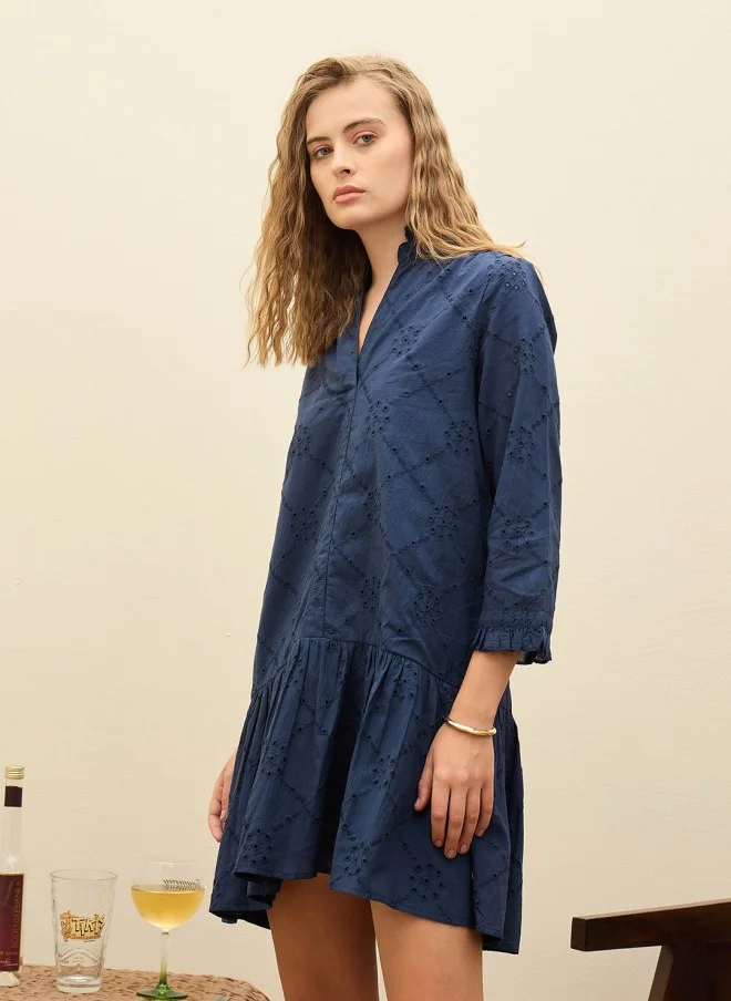 SASSAFRAS Navy Blue Embroidered A-Line Dress for Women