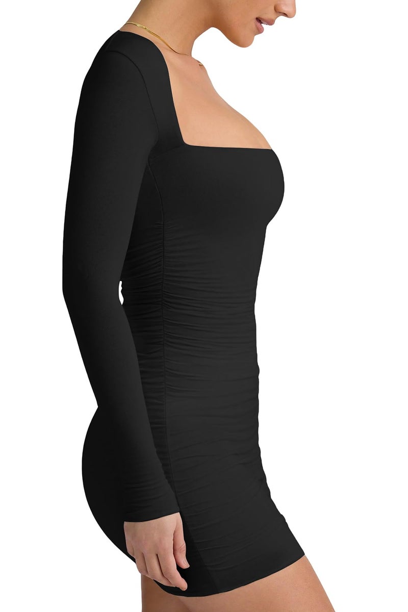 LCNBA Women's Long Sleeve Square Neck Ruched Bodycon Mini Dress Black Small - Image 2