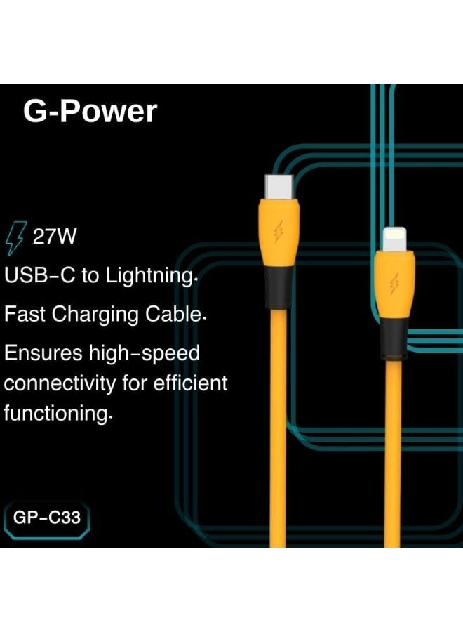 جي باور كابل الشحن السريع G-Power GP-C33 (USB-C إلى Lightning) بقدرة 27 واط، متوافق مع سلسلة iPhone 14/13/12/11 سلسلة سامسونج، جوجل بيكسل، ماك بوك، آيباد، وأجهزة التابلت، طول 1.2 متر - أصفر - Image 3