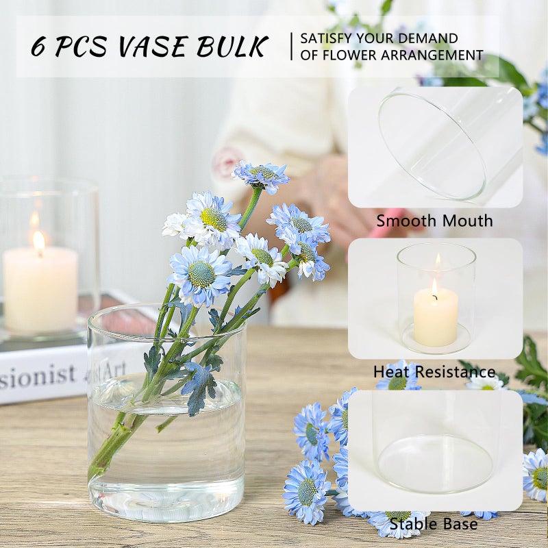 SUPMIND Glass Cylinder Vase Set of 6 for Centerpieces, 5 Inch Short Clear Flower Vases Bulk, Glass Hurricane Candle Holder for Table, Floating Candle Vases for Wedding Home DÃ©cor - Image 3