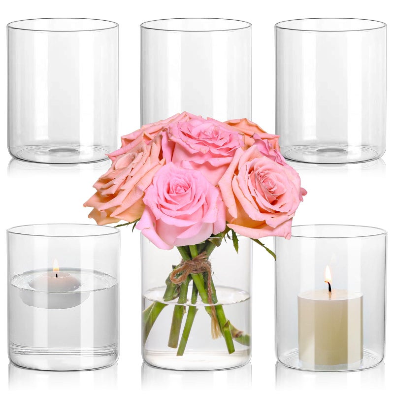 SUPMIND Glass Cylinder Vase Set of 6 for Centerpieces, 5 Inch Short Clear Flower Vases Bulk, Glass Hurricane Candle Holder for Table, Floating Candle Vases for Wedding Home DÃ©cor - Image 1