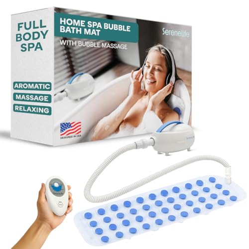 SereneLife Bubble Bath Mat, Non-Slip Bathtub Mat with Remote Control, Waterproof, Cushioned Design, Adjustable Bubbles, 8.2’ Air Hose and 47” x 14.2” Mold-Resistant Full Body Spa Massager - Image 1