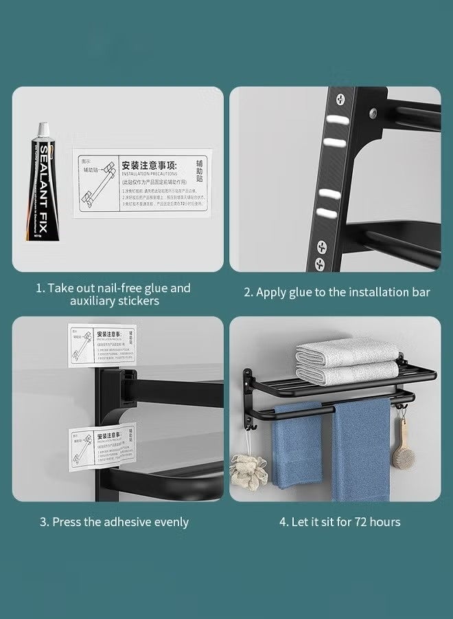 40CM Towel Hanger, Foldable, Wall-mounted, Includes 2 Towel Hooks, Towel Bar Attachment, No Holes, Hole Mounting, For Bathrooms, Washrooms, Kitchens, Space-saving Luminiums, Bathrooms, Washbasins, Strong - Image 5