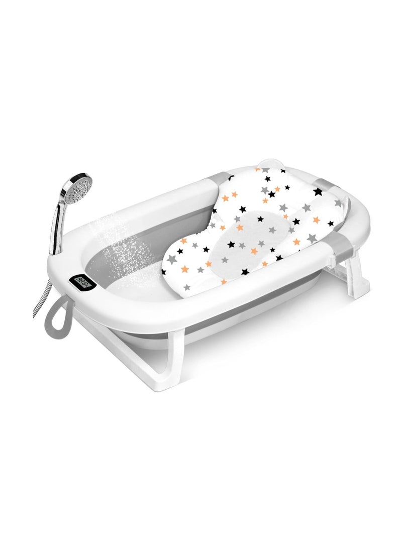 SKY-TOUCH Baby Foldable Bathing Tubs with Soft Bathmat Cushion & Thermometer, NewBorn Babybath Tub with Drain Hole, Non-Slip Support Leg for 0-6 Years Boy Girl - Image 1