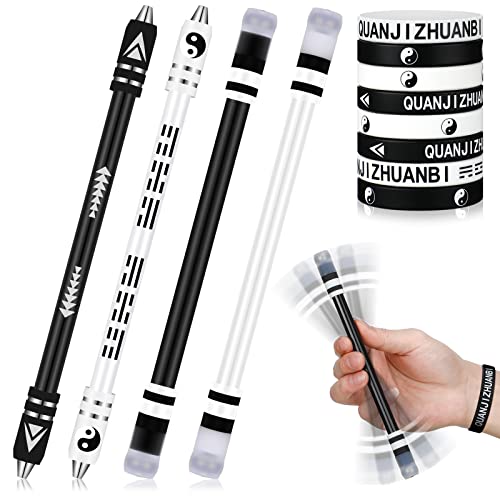 Geyee 4 Pcs Spinning Pen with 8 Pcs Silicone Bracelet Metal Gaming Finger, 8.5 Inch Fidget Anti Slip Rotating Pen Adults Office Supplies to Relieve Stress, No Refill - Image 1