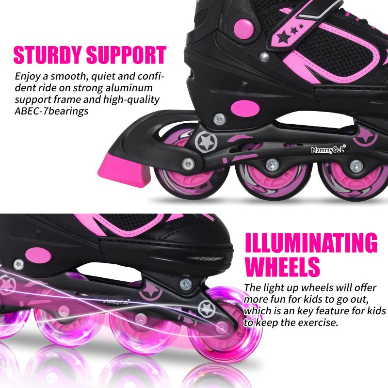 MammyGol Adjustable Inline Skates for Girls Kids Boys Youth with Light up Wheels, Rose Red Beginner Blades Roller Skates for Boys Size 5 6 7 8 Ages 4-12 - Image 3