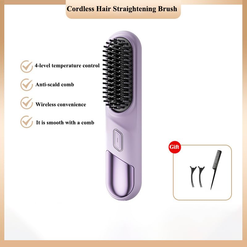 Winb Portable Cordless Hair Straightening Brush, Mini Travel Size, Ceramic Coating, Anti-Scald Design (Purple) - Image 2