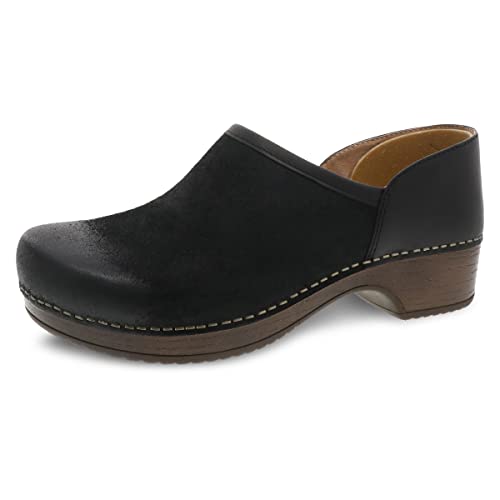 Dansko Brenna Black Slip On Clogs for Women Memory Foam and Arch Support for All Day Comfort and Support Lightweight EVA Oustole for LongLasting Wear Black Bunished Suede 657 M US