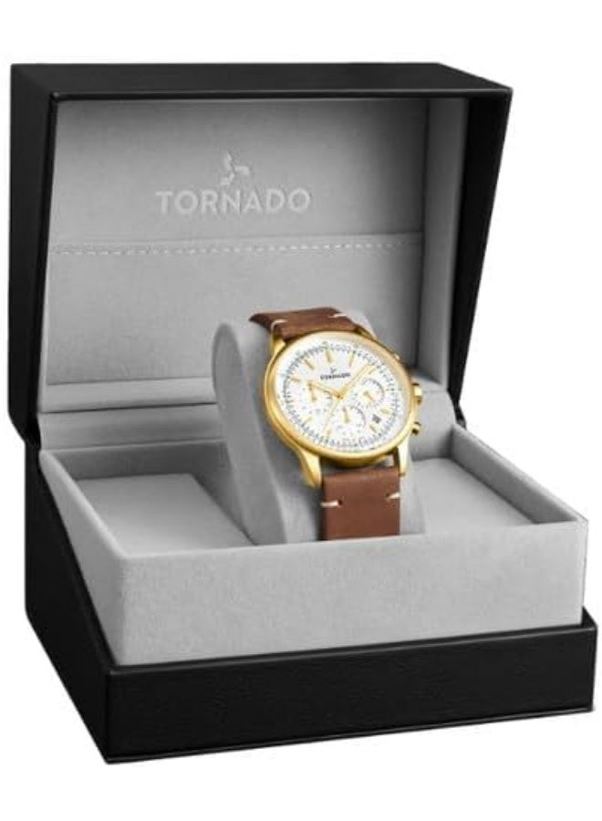 Tornado Classic Men's VD53 Movement Watch, Multi Function Display and Leather Strap - T24108-GLDW, Silver - Image 4