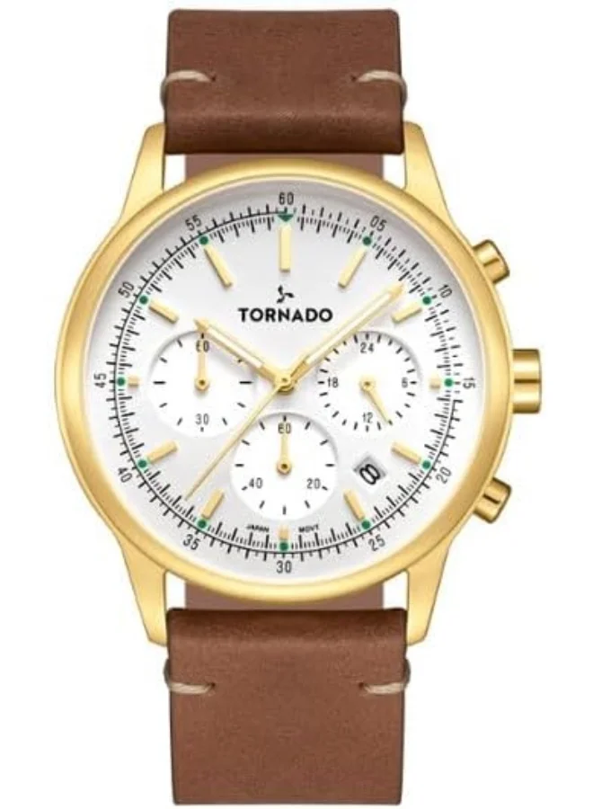 تورنيدو Tornado Classic Men's VD53 Movement Watch, Multi Function Display and Leather Strap - T24108-GLDW, Silver