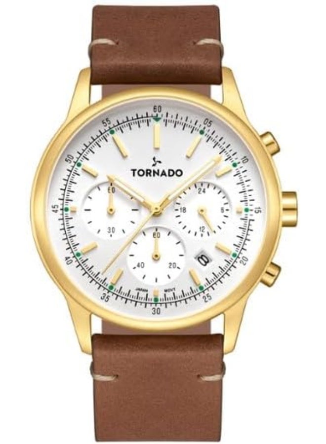 Tornado Classic Men's VD53 Movement Watch, Multi Function Display and Leather Strap - T24108-GLDW, Silver - Image 1