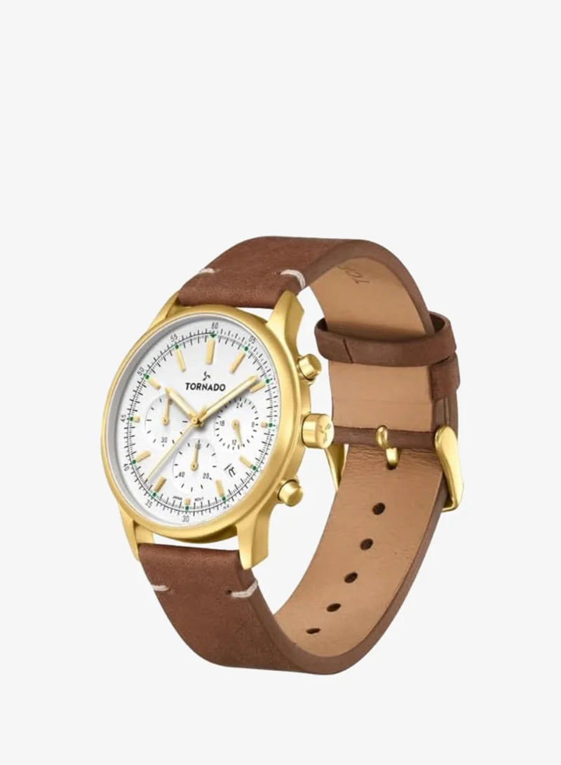 TORNADO Tornado Classic Men's VD53 Movement Watch, Multi Function Display and Leather Strap - T24108-GLDW, Silver