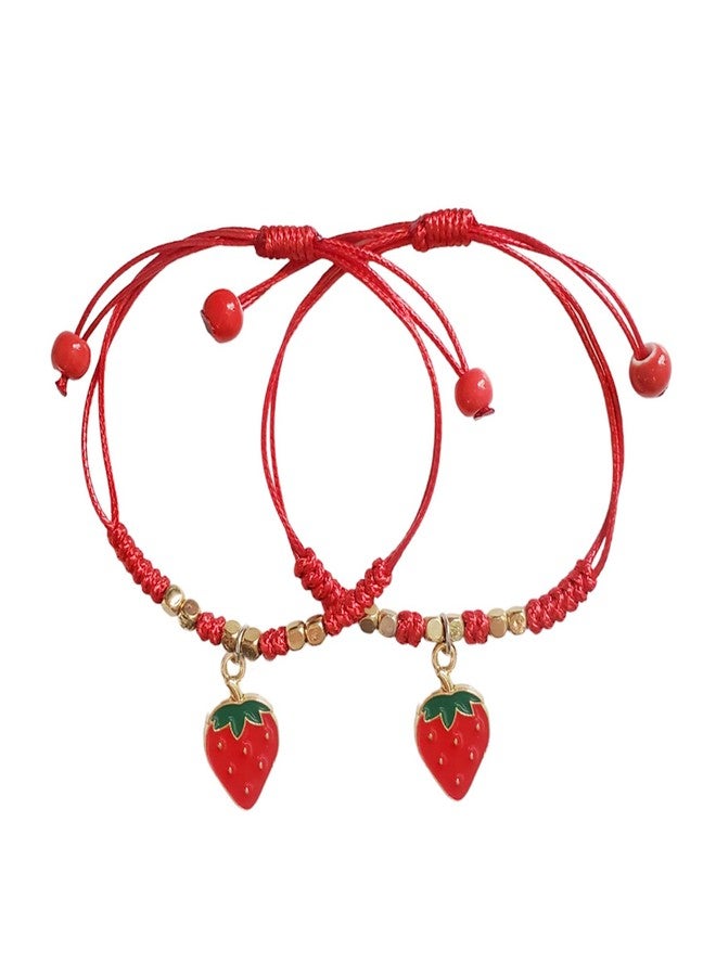 POYAMUSE Lovely Cherry and Strawberry Strand Bracelet Set - Sweet Red Fruit Accessory String Bracelet for Women (Strawberry*2) - Image 1