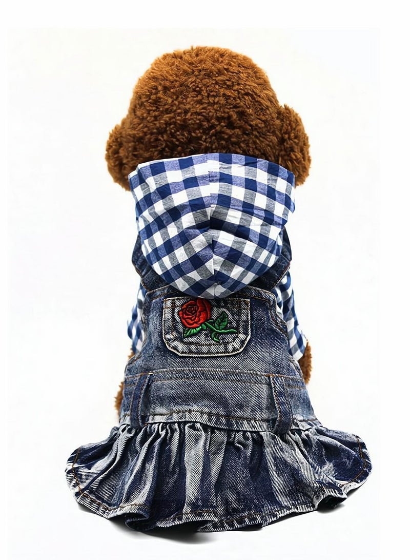 Y&D Small Dog Jeans Dress, Pet Clothes Classic Hoodie Stripe Dress Plaid Denim Hoodies Cool Blue Coat Jacket for Medium Cat Adorable Puppy Outfits, Easy to Wear and Off, 1 Pcs - Image 1