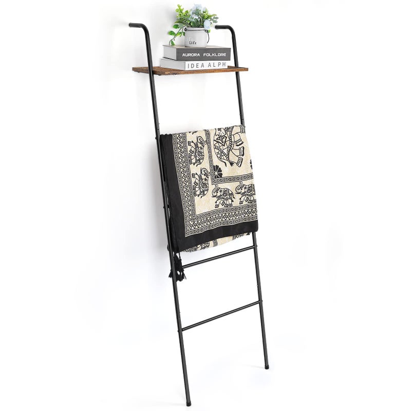 Vrisa Vrisa Blanket Ladder Wall Leaning Blanket Rack Farmhouse 5Tier Metal Blanket Holder with Shelf Bath Towel Storage for Bathroom Quilt Bedroom Living Room Pool Black 