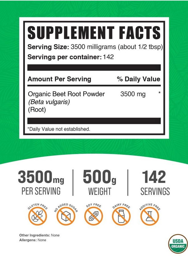 BulkSupplements .com Organic Beet Root Powder - Superfood Supplement, Beet Root Supplements - Vegan & Gluten Free, 3.5g per Serving, 500g (1.1 lbs) (Pack of 1)  - Image 2