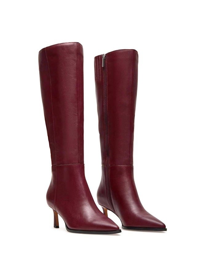 MICIFA Burgundy Kitten Heel Knee High Boots for Women Tall Leather Boots Stiletto Pointed Toe Gogo Tall Boots Cherry Wine Red Dress Boots - Image 1