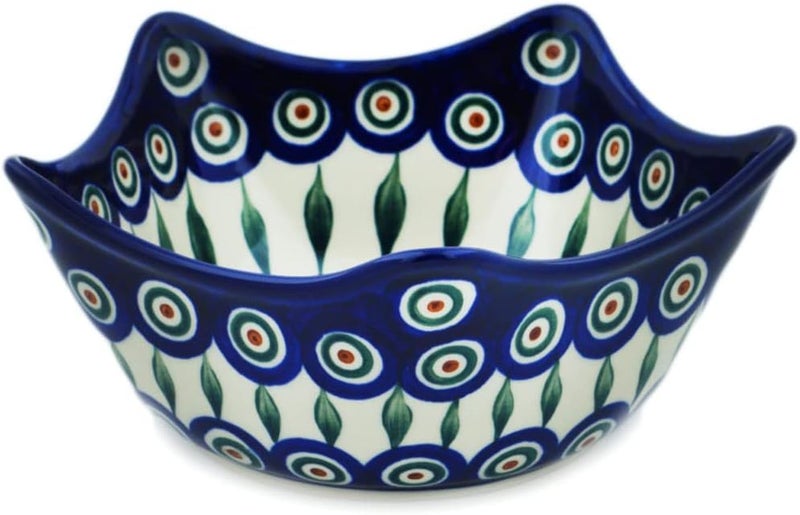 Polmedia Polish Pottery وعاء خزفي بولندي أصلي 7 بوصة بتصميم أوراق الطاووس مصنوع يدويًا في بولسوافيا بولندا بواسطة سيراميكا أرتيستشنا شهادة الأصالة - Image 1