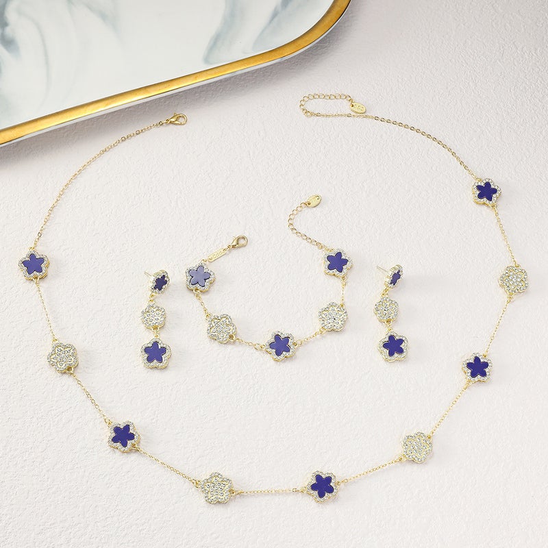 Generic Cross-Border Double-Sided Four-Leaf Clover Necklace Luxurious Fashionable Fresh Sweet Floral Pendant Lockbone Chain Necklace For dark blue four-leaf clover 