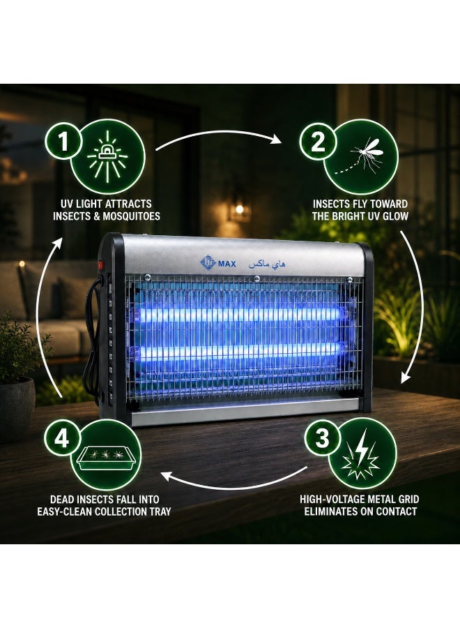 Hi Max Electric Bug Zapper & UV Insect Killer Lamp - 20W High-Voltage Mosquito Trap & Fly Killer Machine with Aluminum Housing - Chemical-Free Pest Control for Indoor - Silent Mosquito Catcher for Home - 39cm Wide, large Area Coverage, Child-pet Safe, Hanging/Wall Mount - Image 2